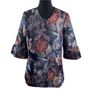 3 Sisters Multi Jacket Floral V-Neck Button Front Ruffle 3/4 Sleeve Size Large L